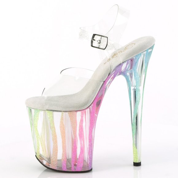 Shoes - Rainbow Glitter Zebra Platform Clear High Heel Shoes